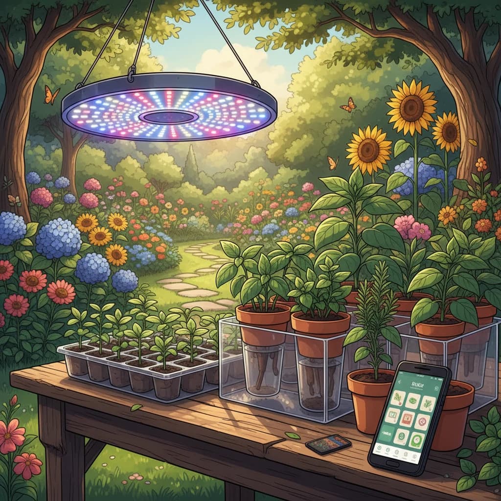 Des outils de culture modernes : lampes de culture, système d'arrosage automatique, application sur un téléphone