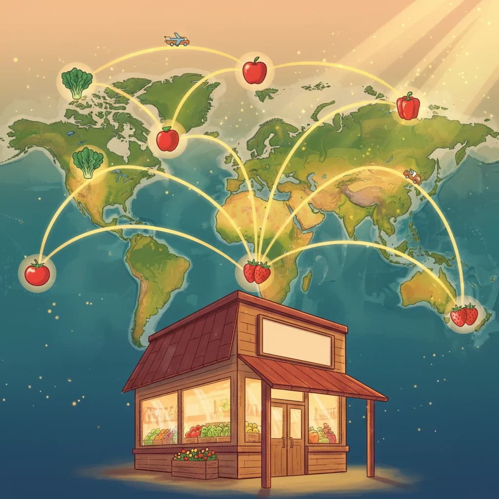 A map showing food supply chains stretching across continents to reach a single grocery store