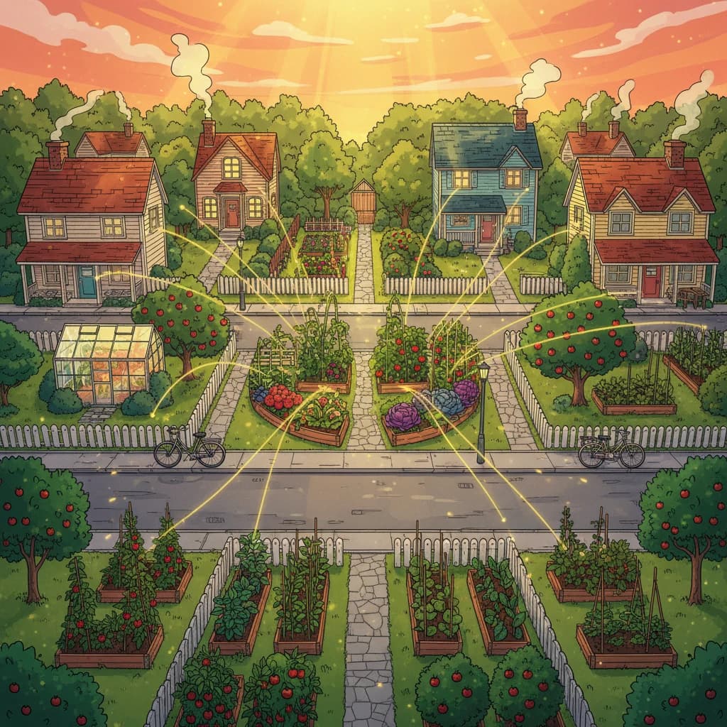 A neighborhood where one garden has inspired others: multiple homes with visible gardens