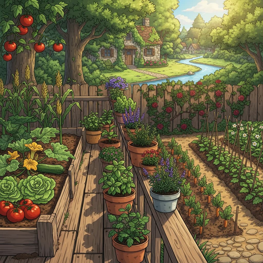 Various growing spaces: raised bed, containers on a balcony, in-ground garden