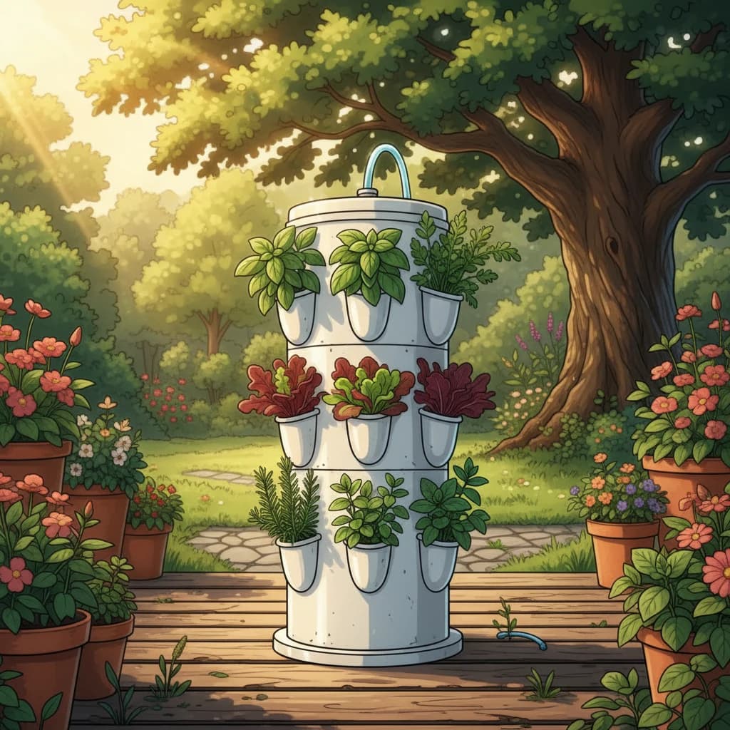 A vertical grow tower with herbs and lettuce growing in stacked layers