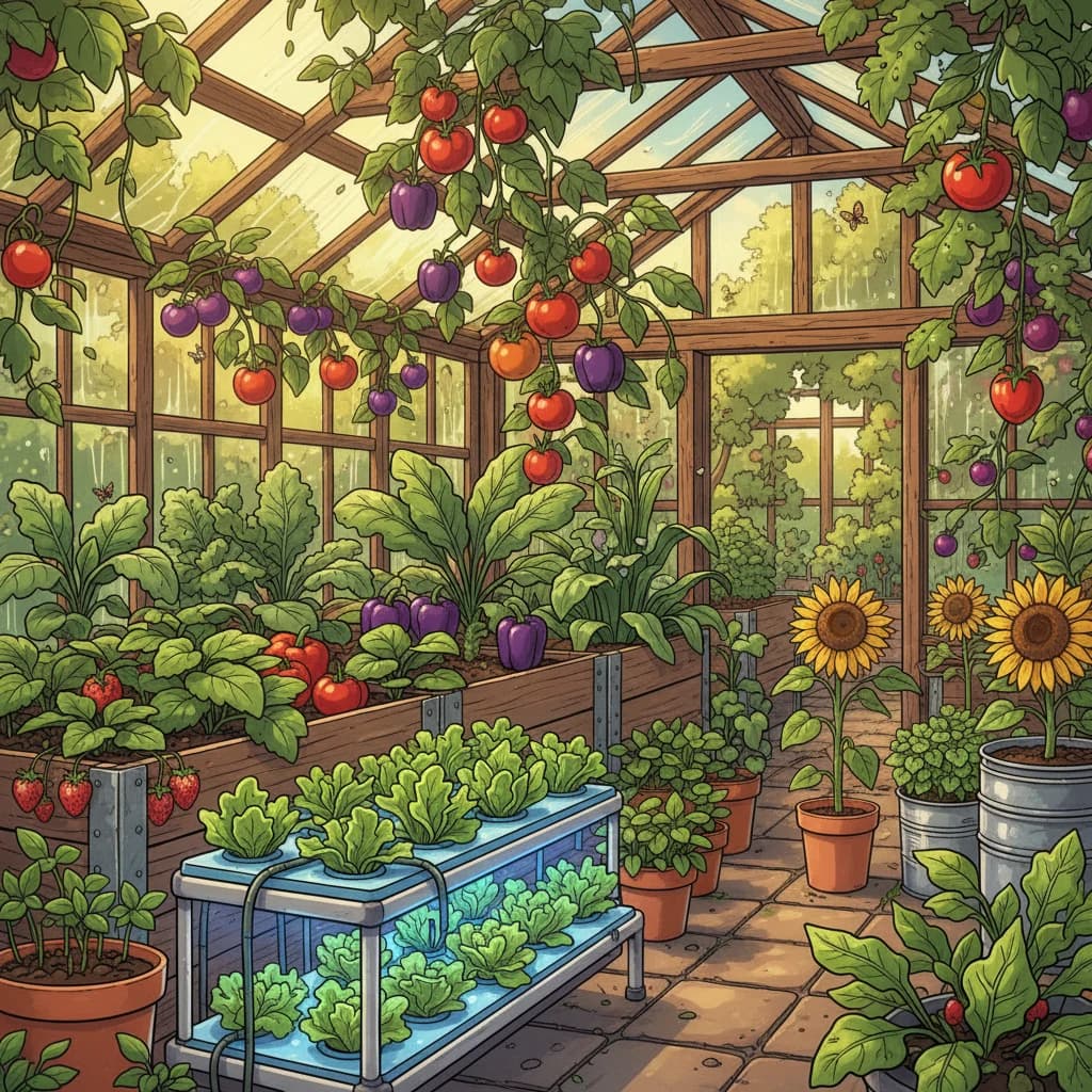 A confident new grower surrounded by thriving plants in various growing mediums