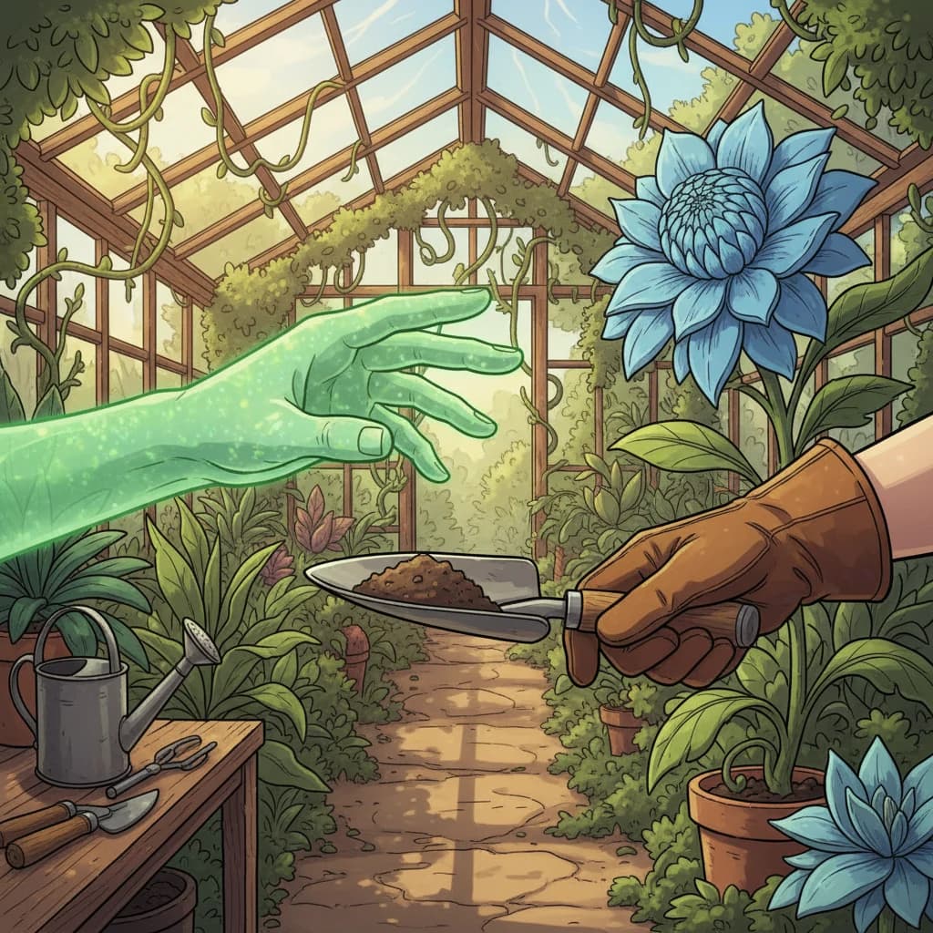 A mystical glowing hand touching a plant — the mythical green thumb concept
