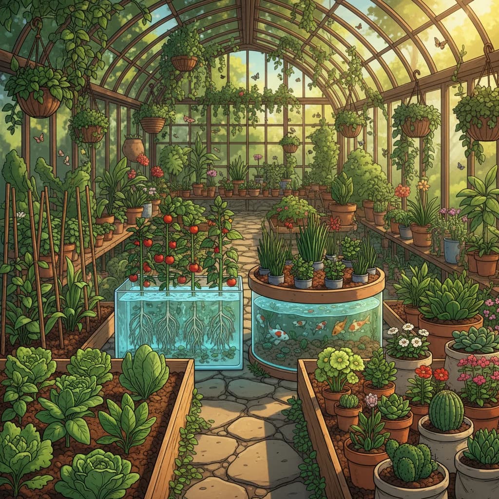 Different growing mediums side by side: soil, hydroponics, aquaponics, containers with various substrates