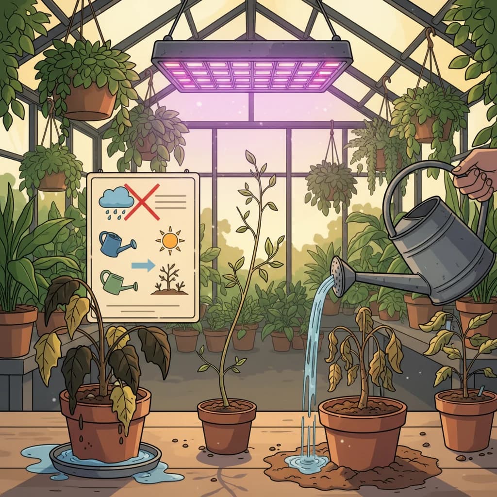 A series of common plant failures with simple fix labels — overwatering, wrong light, bad soil
