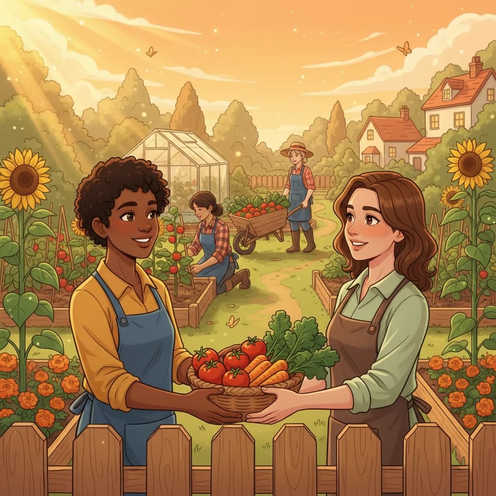Community members sharing garden produce and working together in a neighborhood garden