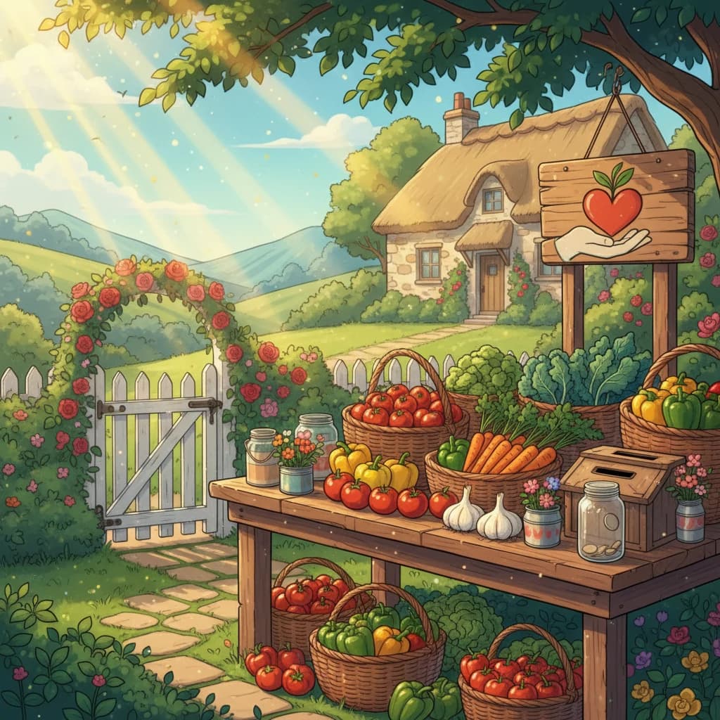 A neighbor exchange stand set up with baskets of shared garden harvest