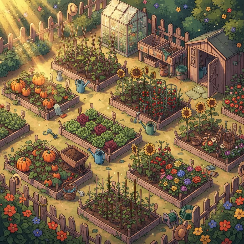 A thriving community garden full of individual plots at peak abundance