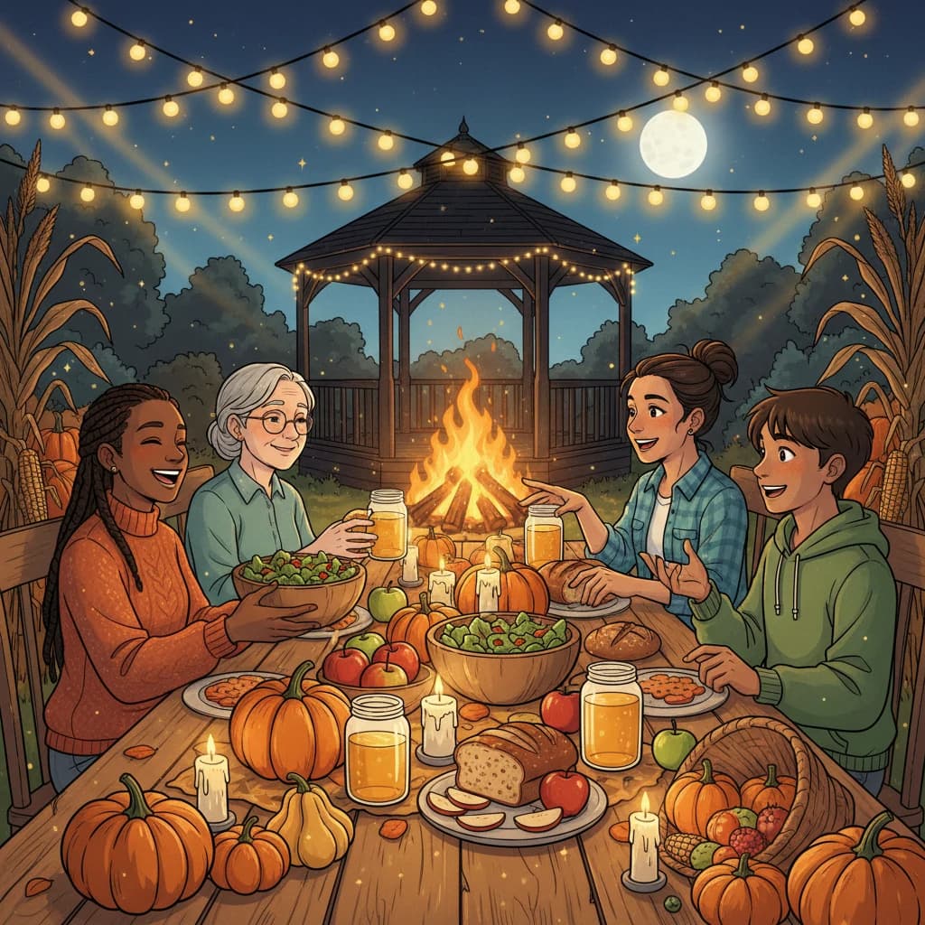 A community harvest festival: people gathered around tables of shared food from local gardens