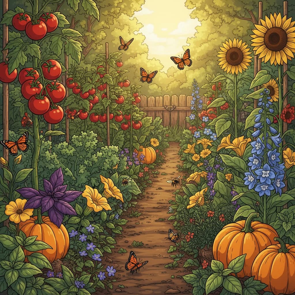 A thriving natural garden with diverse plants and no chemical sprays