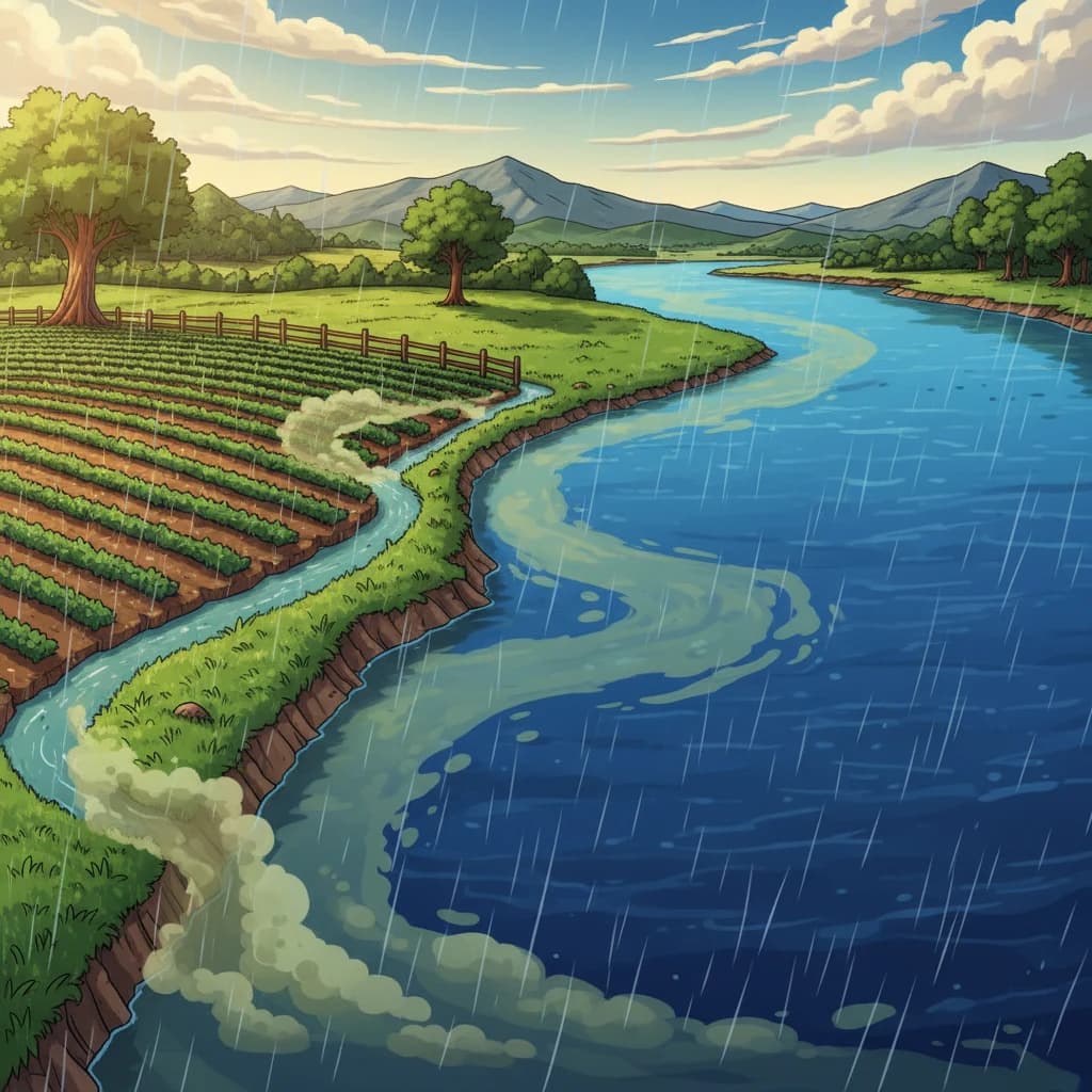 Une infographie qui montre comment les pesticides qui ruissellent voyagent des fermes jusqu'aux cours d'eau