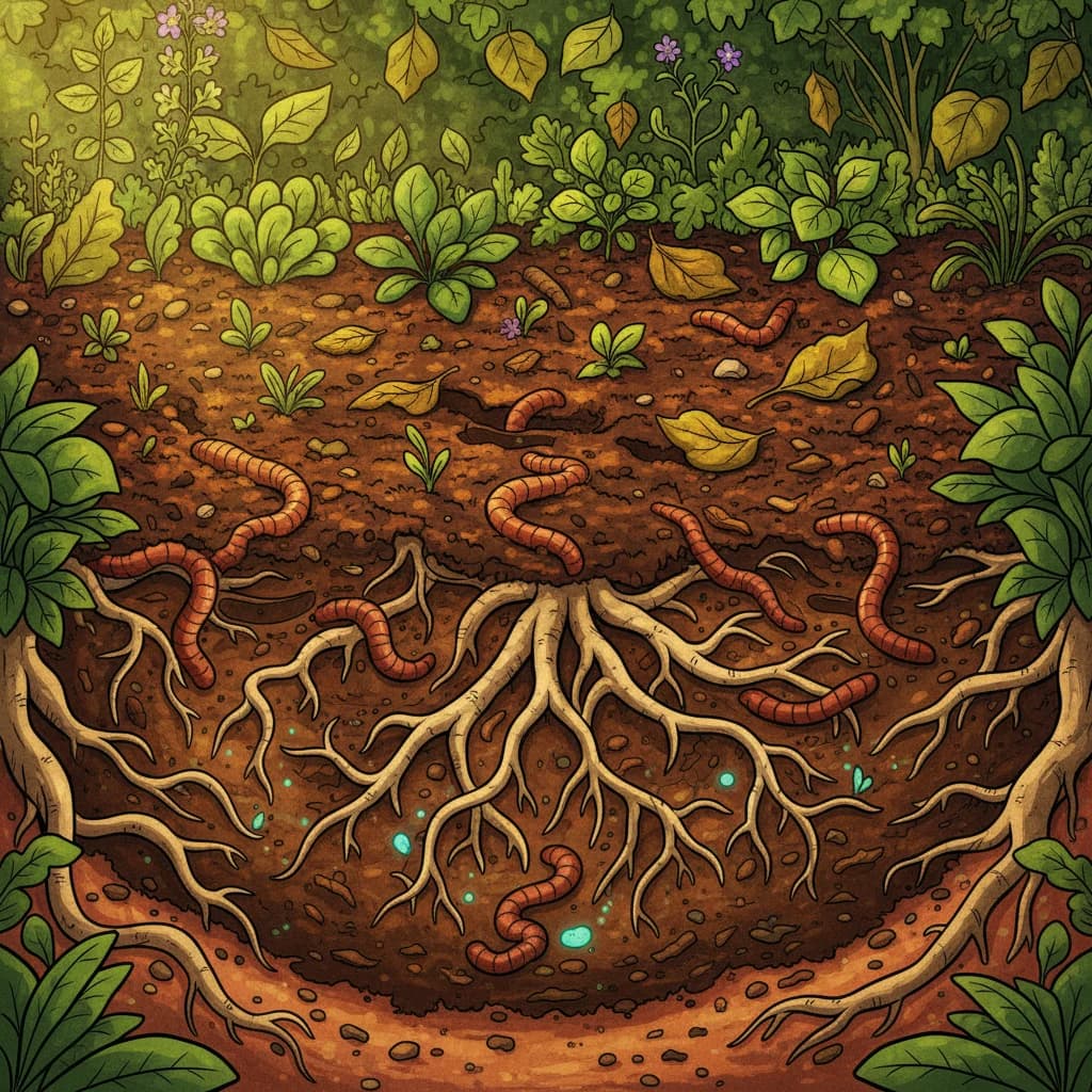 Des couches de compost, de paillis et de terre en santé pleine de vie