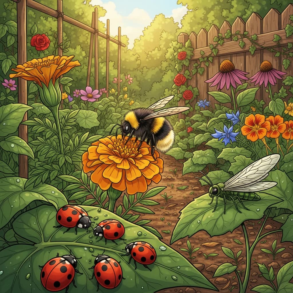 Des insectes utiles comme des coccinelles et des chrysopes à côté de plantes compagnes