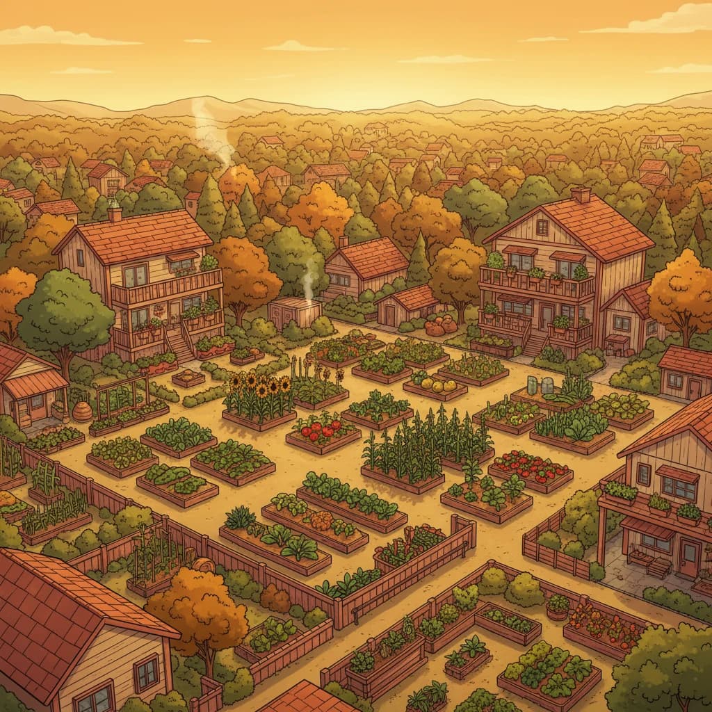 Une vue aérienne de jardins locaux qui réduisent la distance parcourue par les aliments dans une communauté