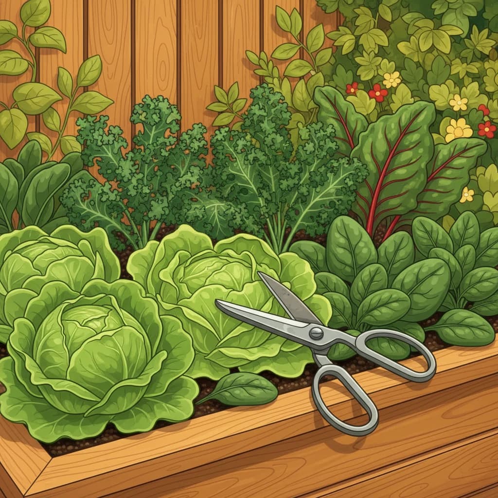 Leafy greens being harvested with scissors: outer leaves taken, center growing