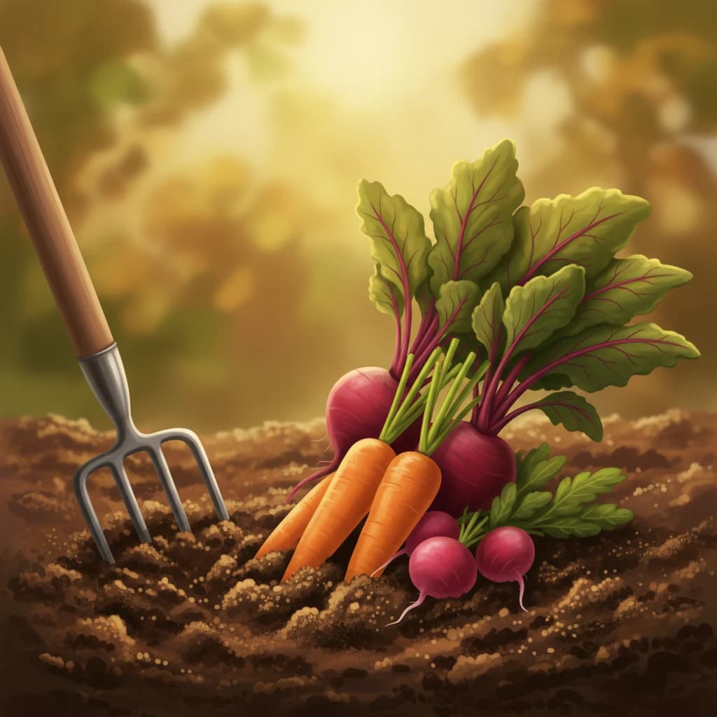 Root vegetables being carefully pulled from the soil: carrots beets radishes