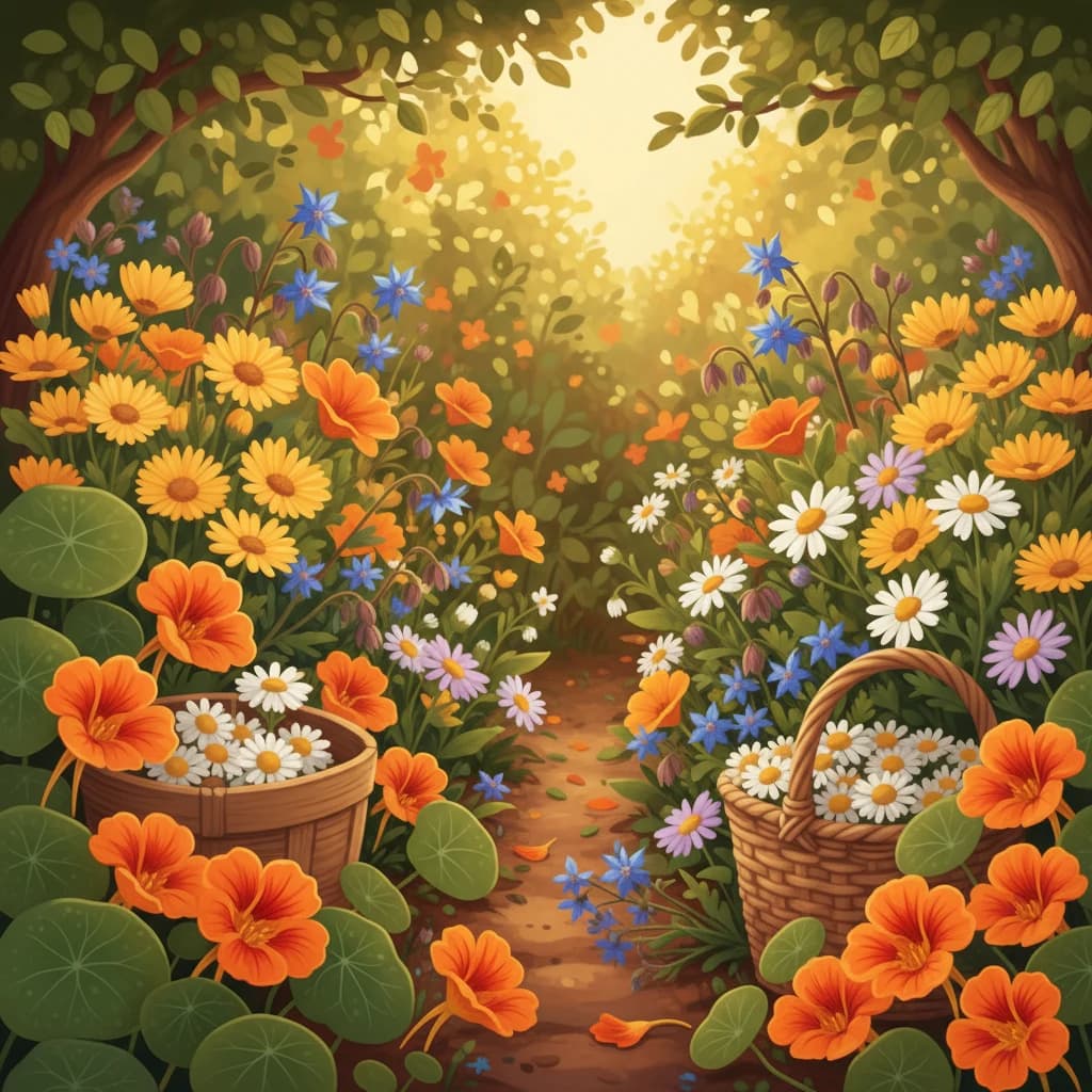 Edible flowers being harvested — nasturtiums calendula and borage