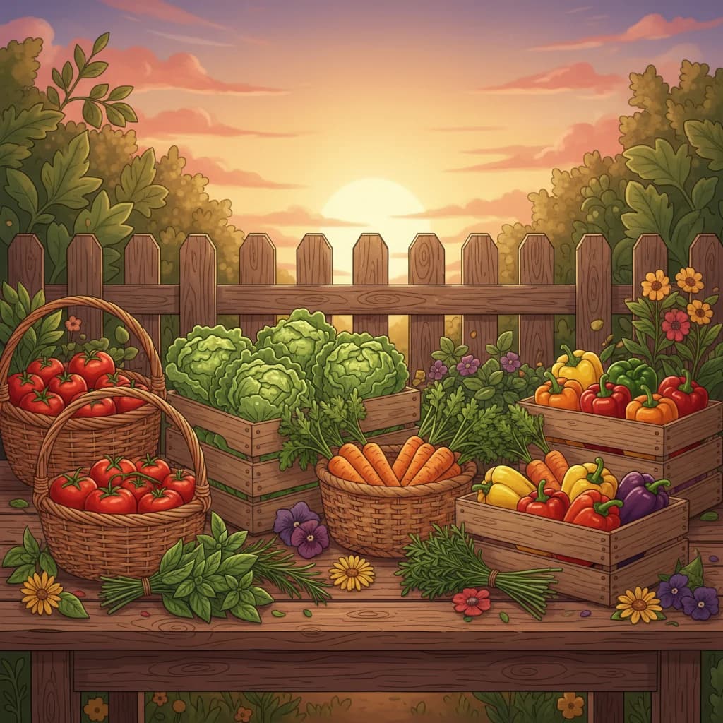 A complete harvest day: baskets of different crops sorted and ready for the kitchen