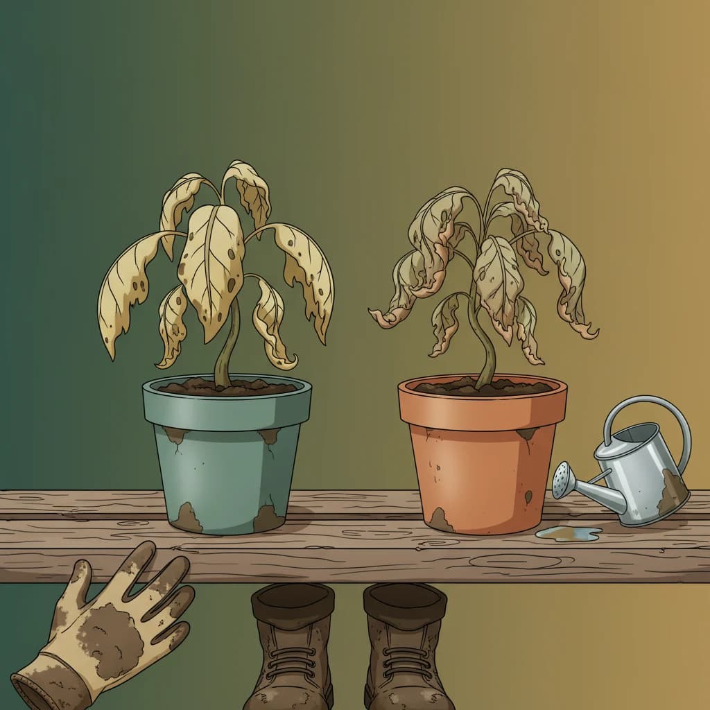 A 2D anime-style illustration of two side-by-side seedling pots — one with yellowing droopy leaves (overwatered) and one with crispy curled leaf edges (underwatered), clear labels visible on a rustic wooden shelf, rich colors