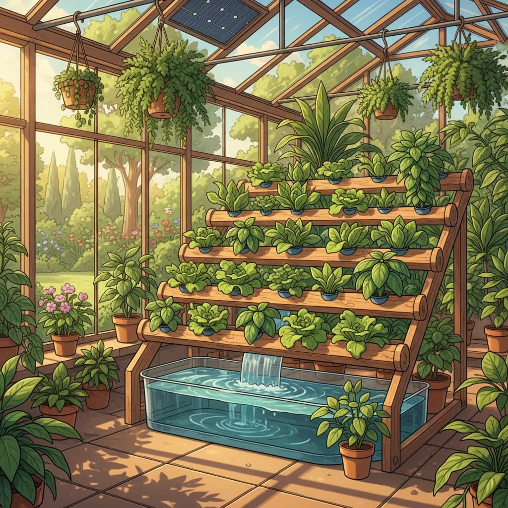 A clean modern hydroponic system with lettuce and herbs growing in nutrient solution
