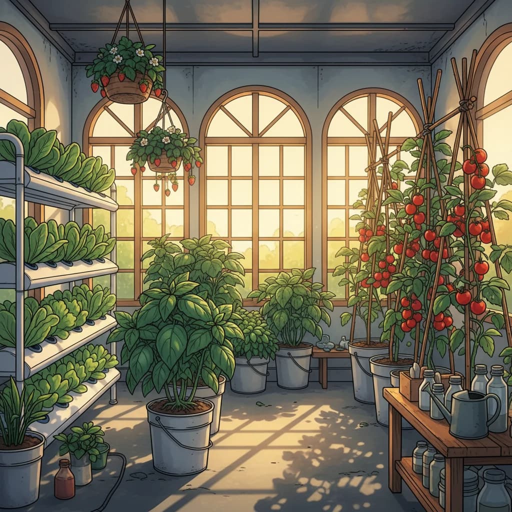 Various plants thriving in hydroponic systems: lettuce, herbs, tomatoes, strawberries