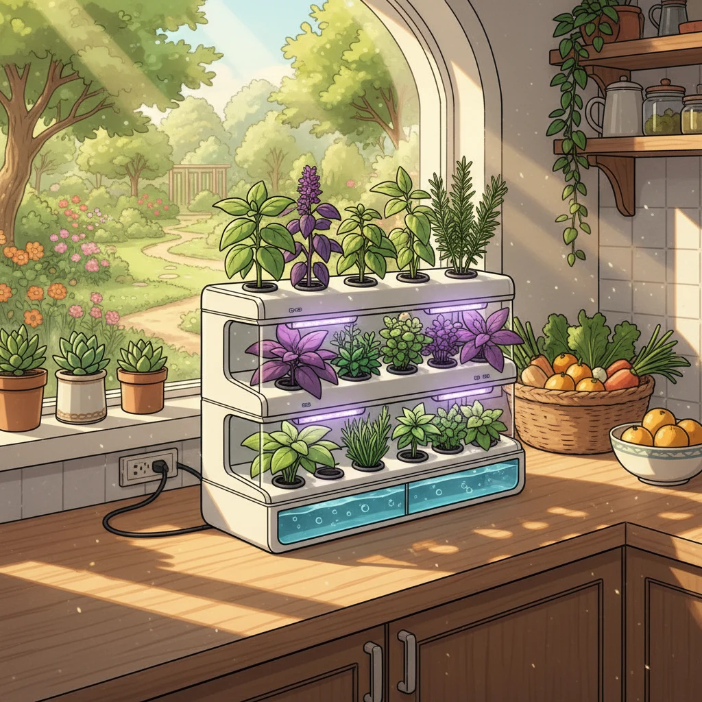 A sustainable indoor hydroponic garden powered by natural light near a window