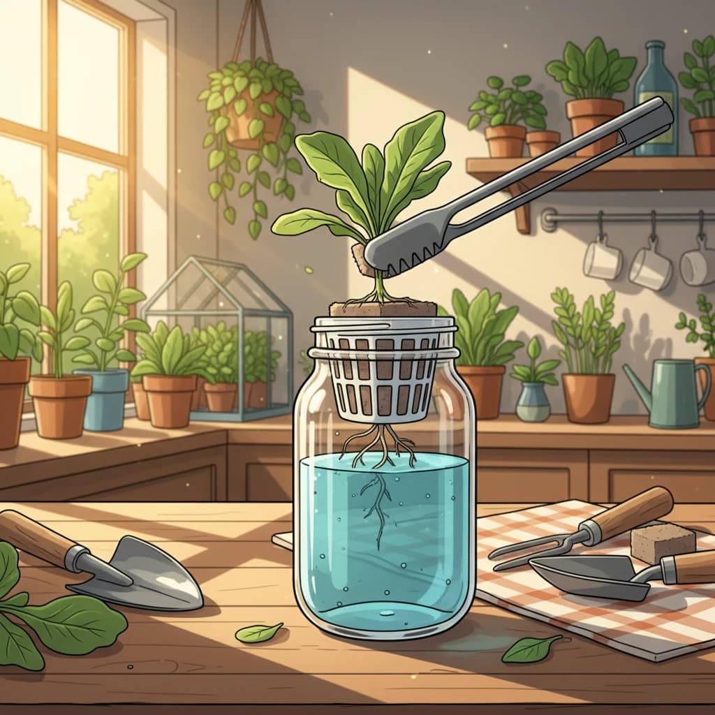 A beginner setting up a simple Kratky hydroponic jar with lettuce on a kitchen counter