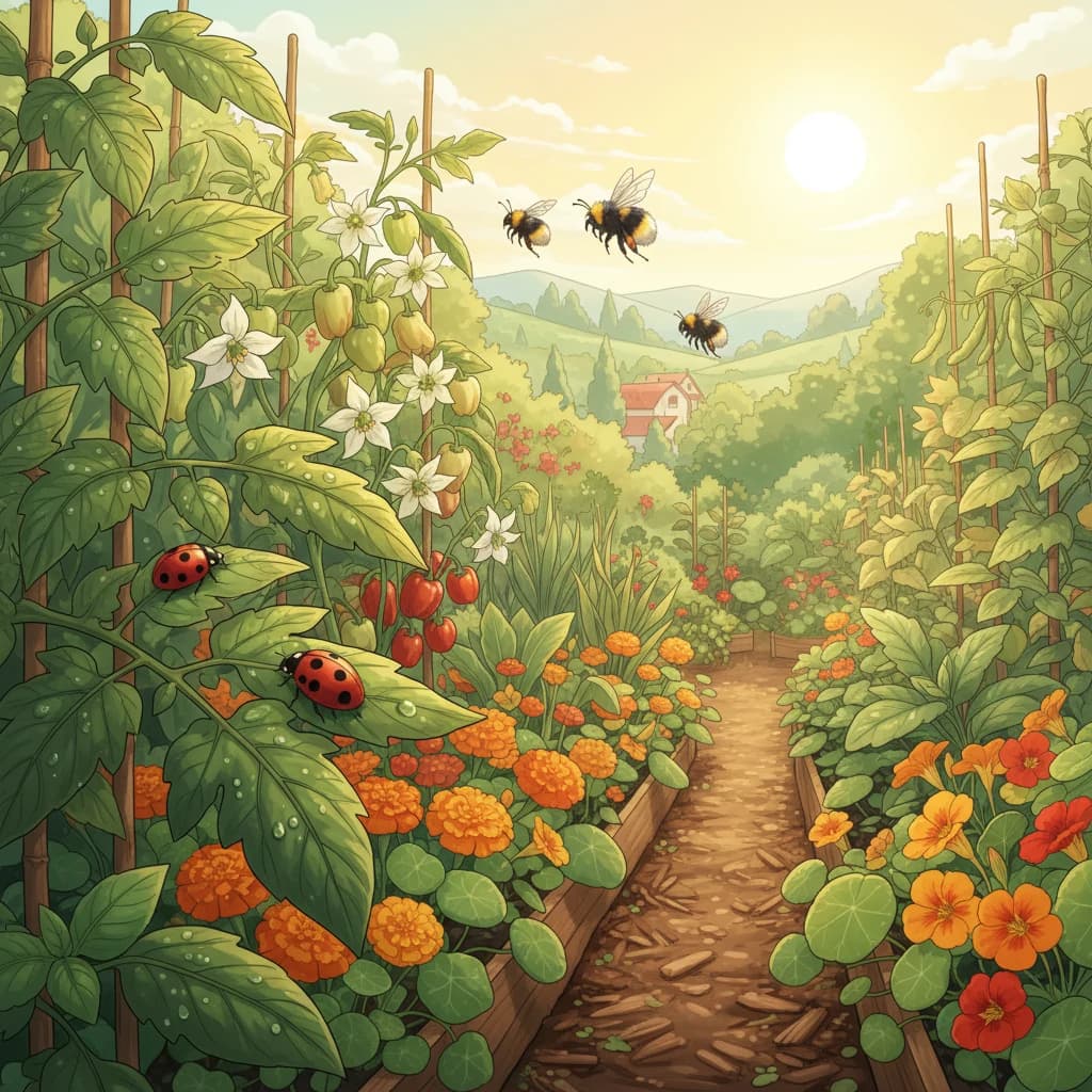 A healthy garden with ladybugs, bees, and companion plants keeping pests in balance