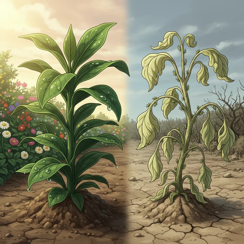 A strong healthy plant in rich soil versus a weak plant being attacked by pests