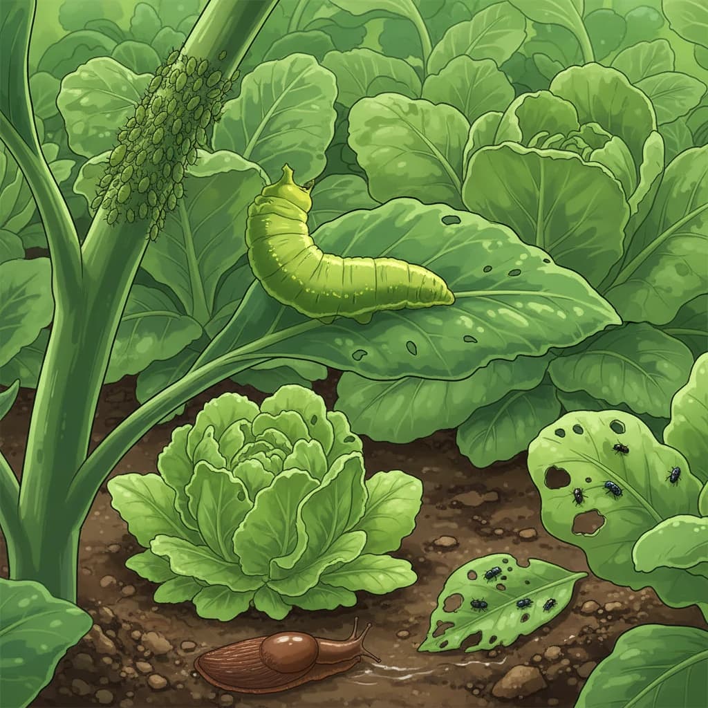 A visual guide showing common garden pests: aphids, cabbage worms, slugs, and flea beetles