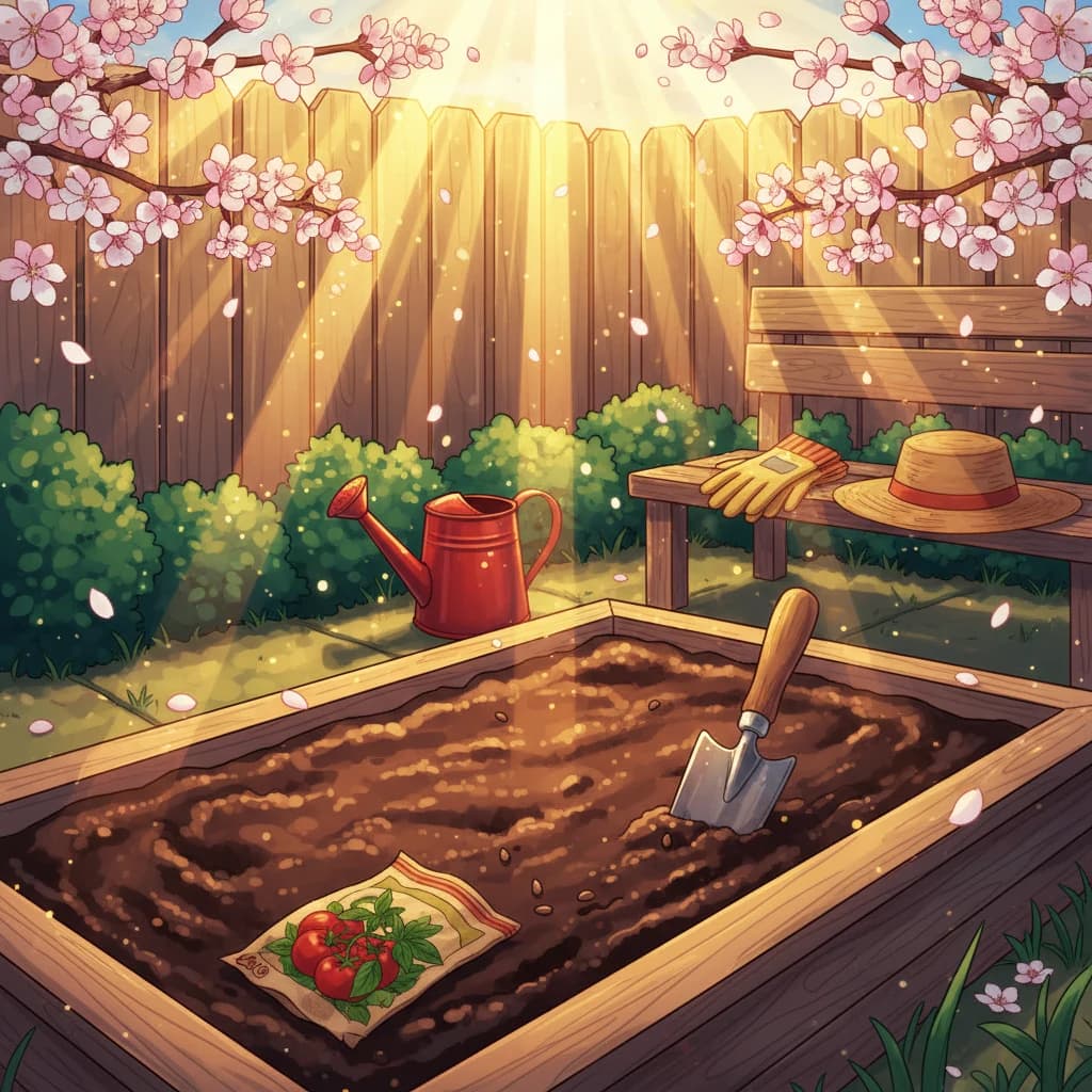 A prepared garden bed with an open seed packet, a trowel in the soil, a watering can, and gloves on a bench: the moment before planting