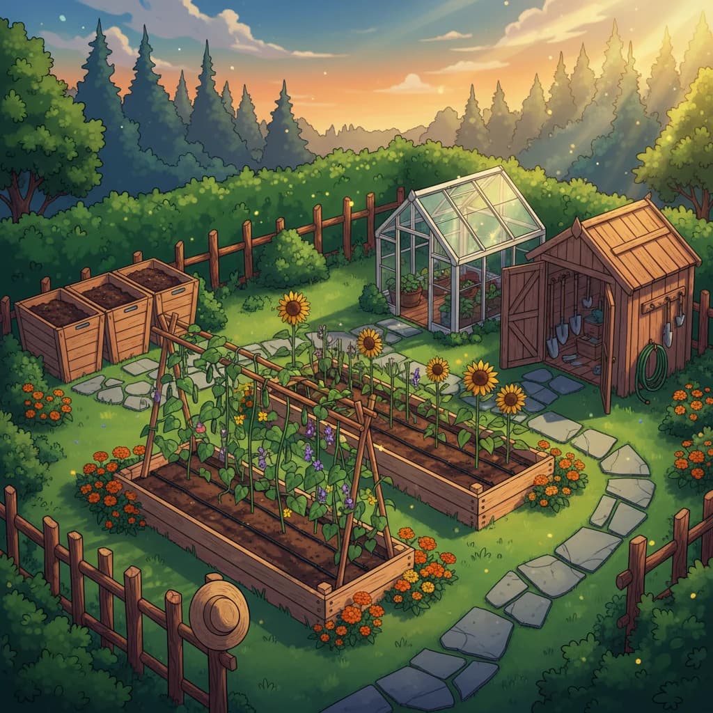 A well-designed garden with raised beds, drip irrigation, trellises, and thoughtful layout