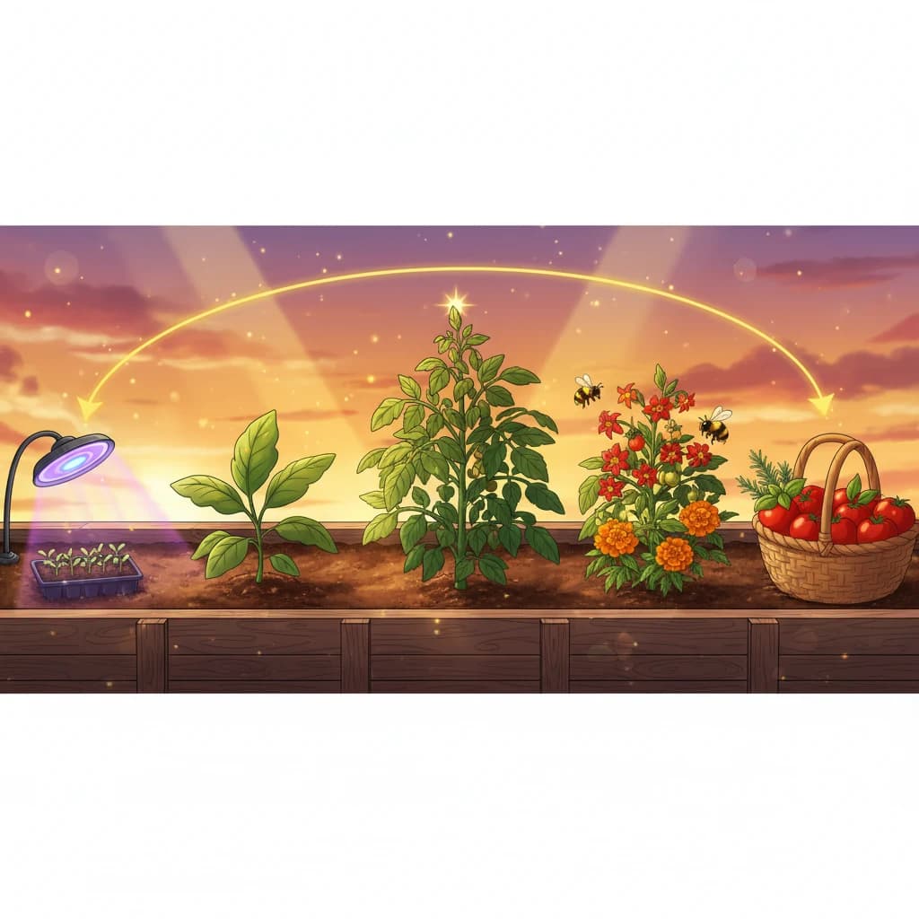 A left-to-right progression across the frame showing a plant's full season: seedling tray, transplant, mid-season pinch, flowering, harvest basket
