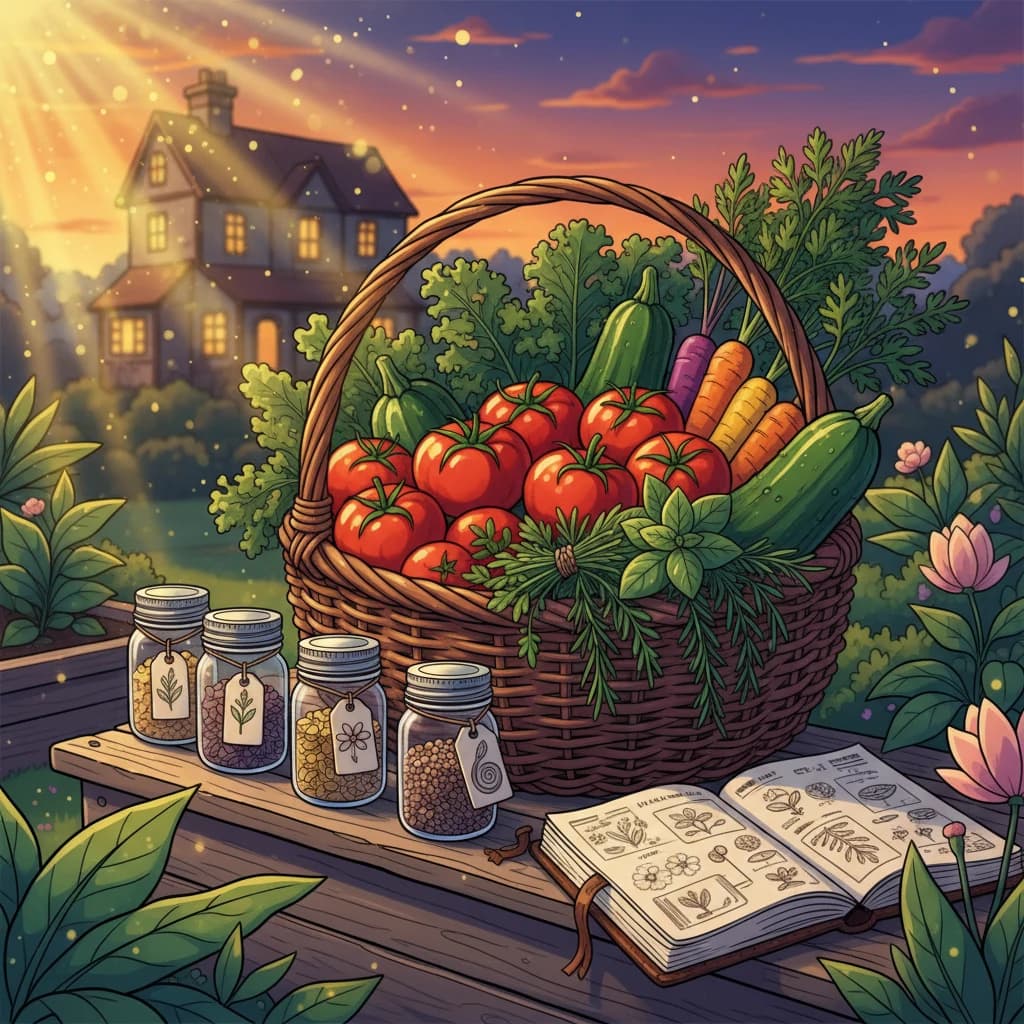 A harvest basket overflowing with produce alongside carefully saved seeds for next year