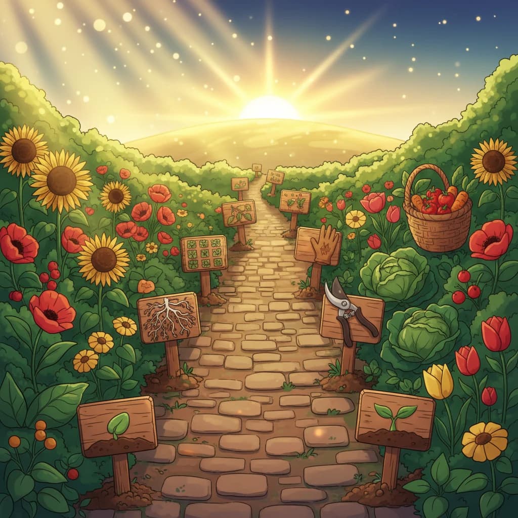 A path stretching forward through a garden, signs pointing to each stage of the journey ahead