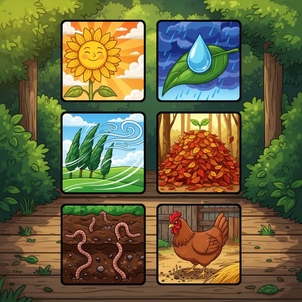 Six icons or scenes: sun, rain, wind, biomass (leaves/branches), soil life