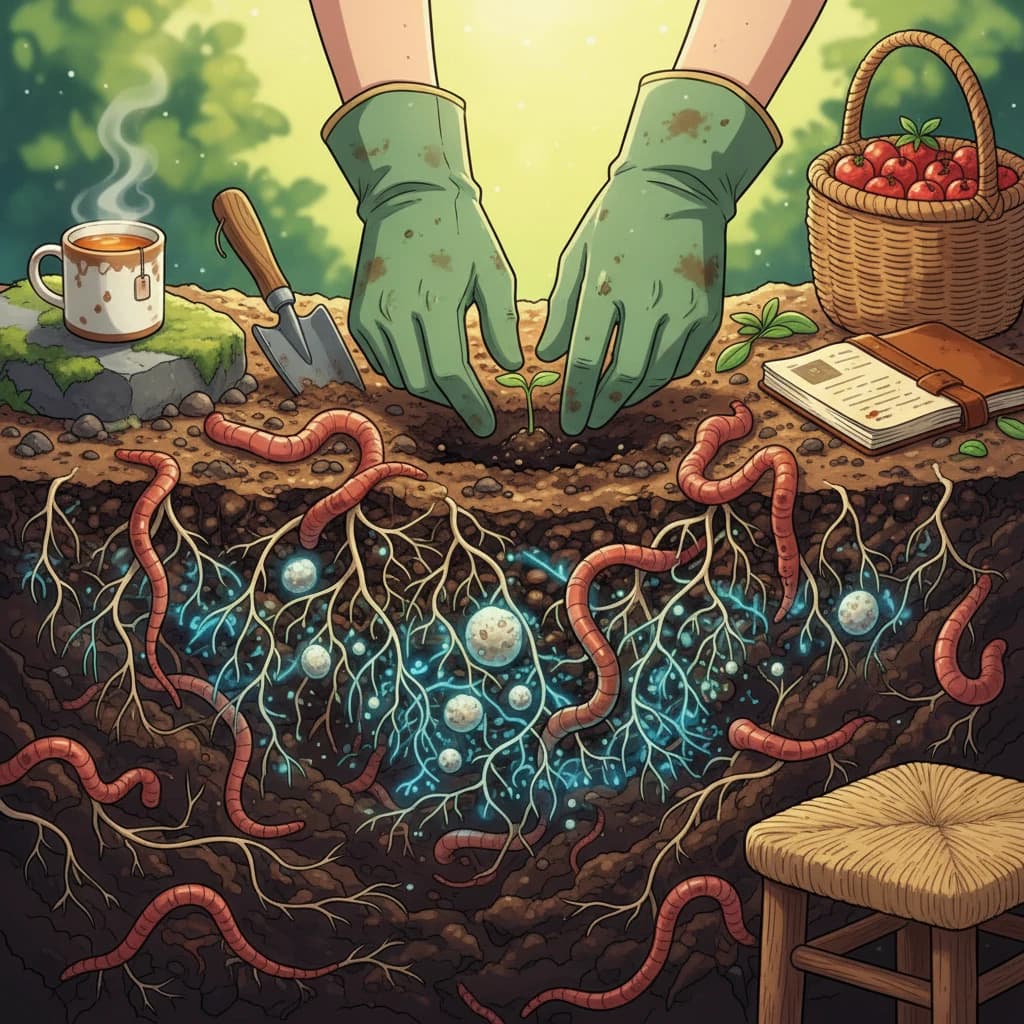 A close-up of dark, alive soil with worms, fine roots, fungal threads: the