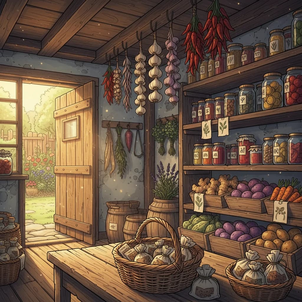 A homestead with multiple storage systems: a root cellar, dried herbs hanging