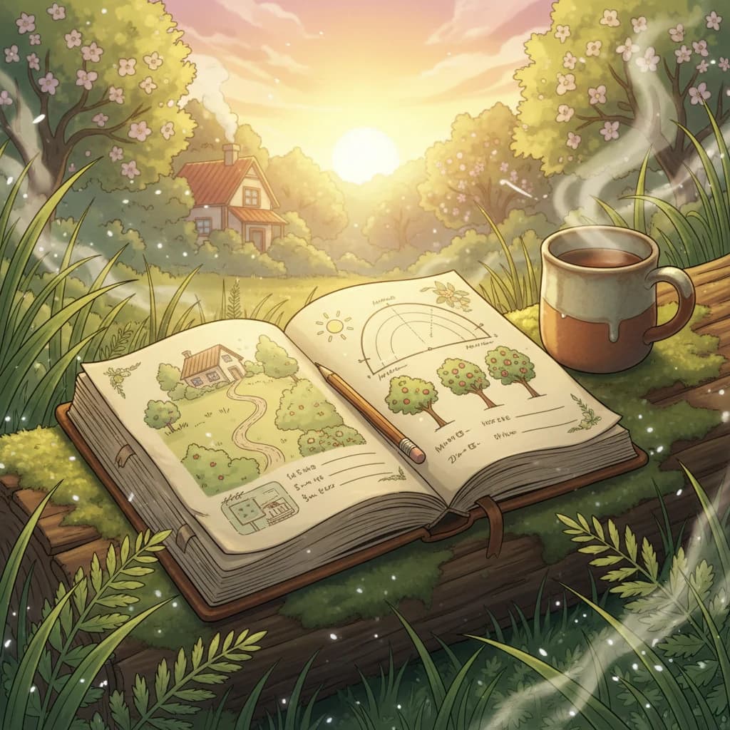 A person sitting on a log at the edge of their property, just watching: early
