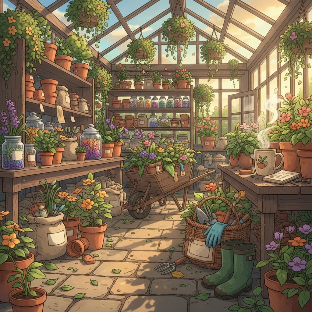 A first-time gardener excitedly buying tons of plants and seeds at a garden