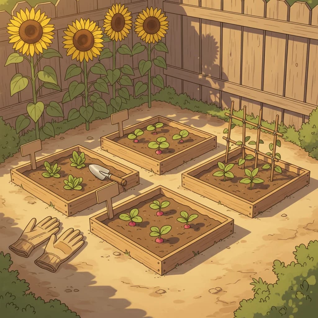 A small experimental garden corner with three different test patches: labeled