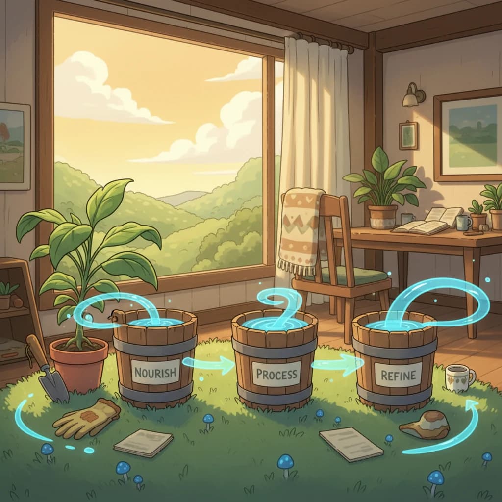 A simple diagram showing three buckets labeled "feed back into the system,"