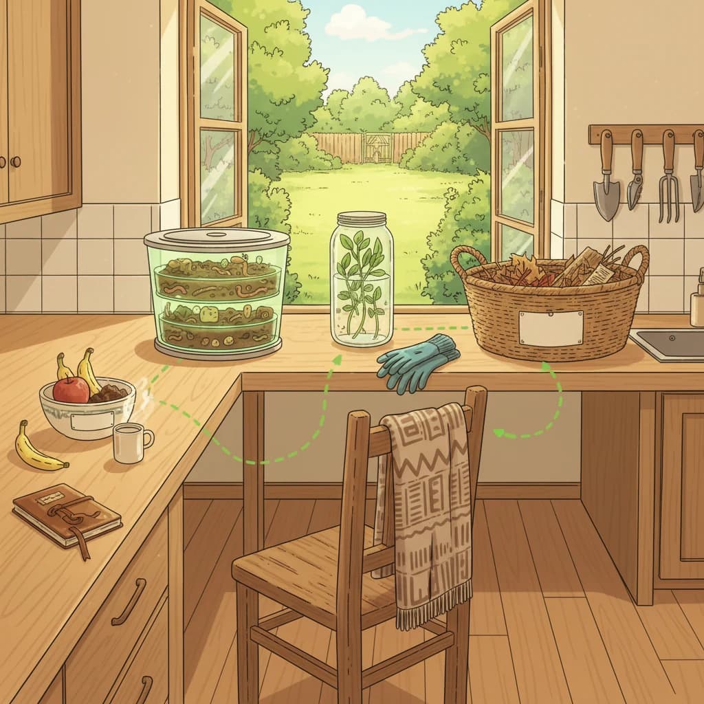 A kitchen with a clear path from food scraps to multiple destinations: a worm