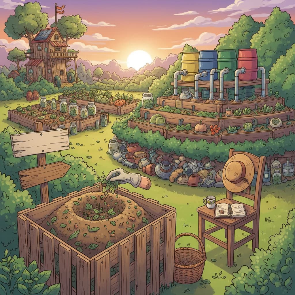 A garden where every "waste" has a destination: pulled weeds going into a