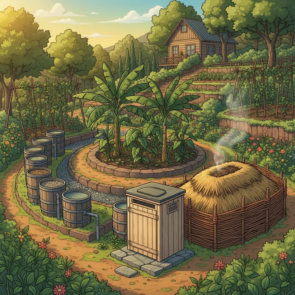 A composting toilet, a greywater system feeding a banana circle, a humanure