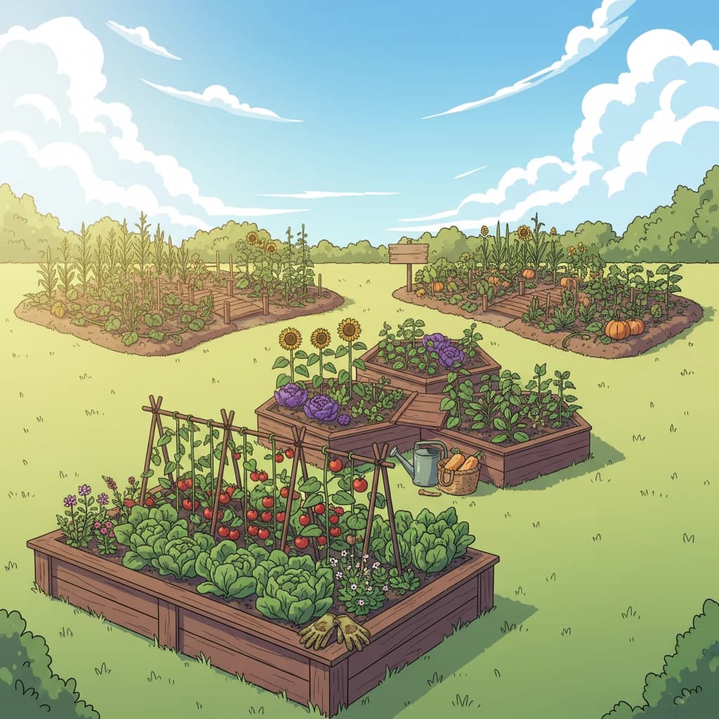 A comparison of three garden setups — a single 4x8 raised bed, three connected