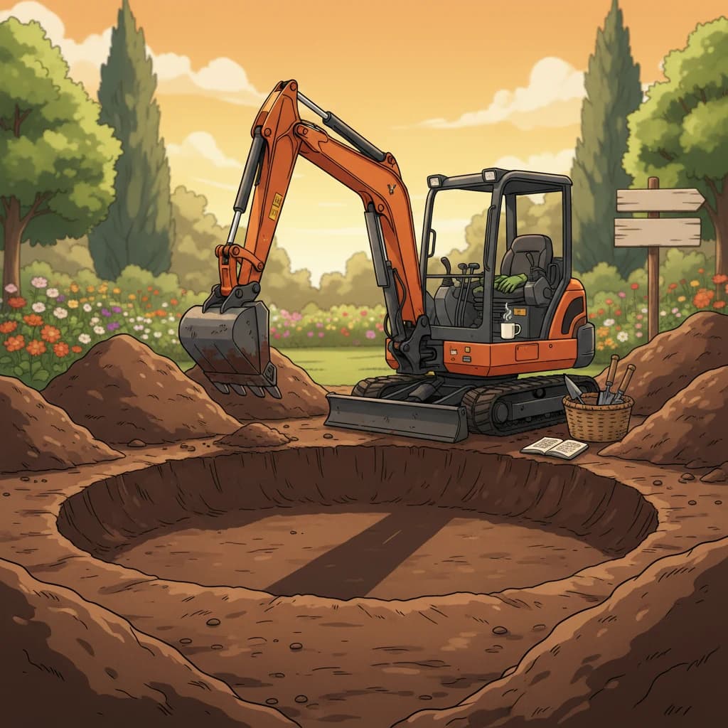 A scene of a contractor doing earthworks — a one-time pond excavation done with