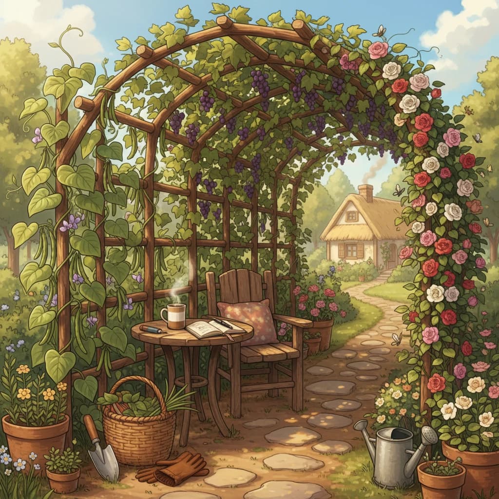 A trellis in a garden serving multiple roles: supporting beans, shading