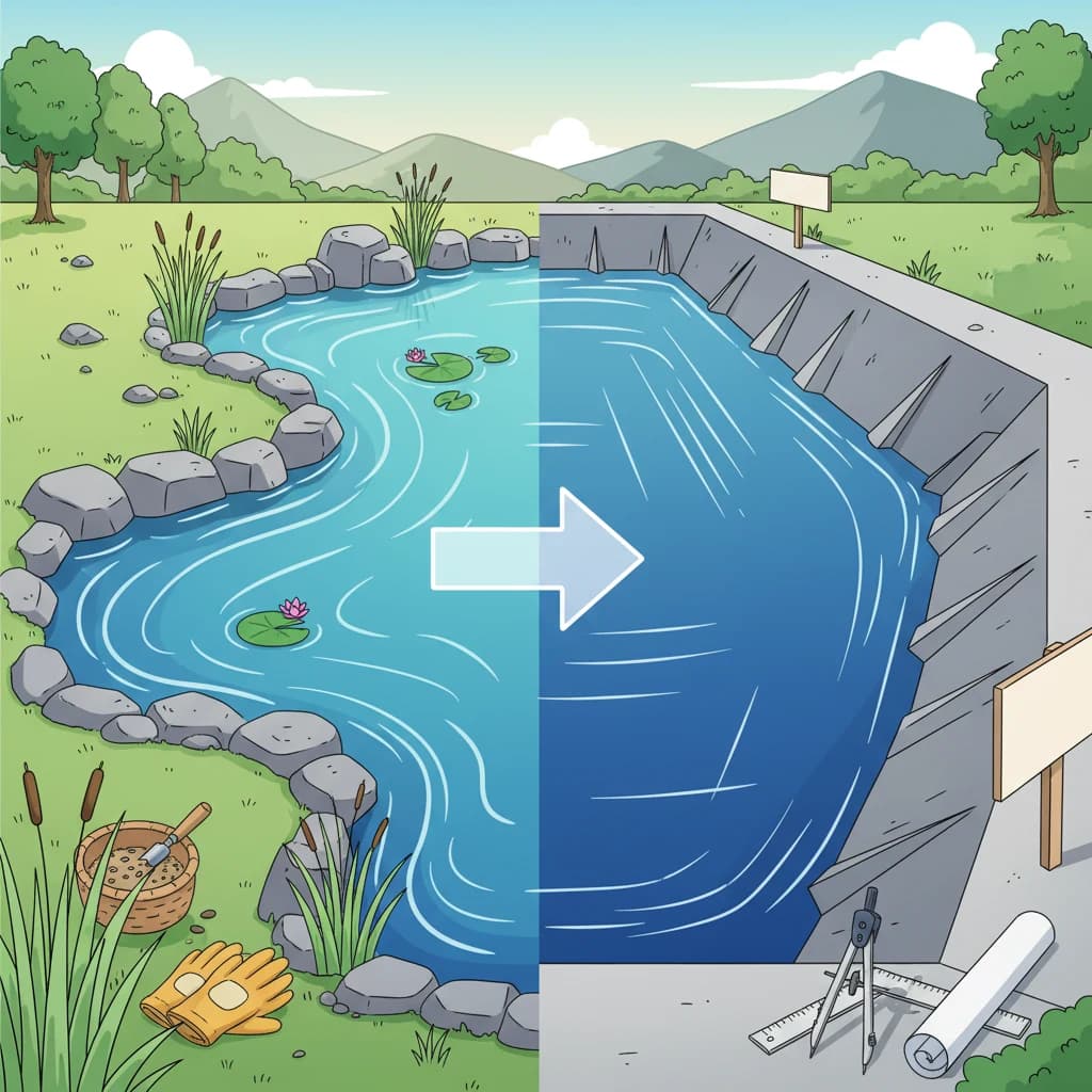 A pond with a wavy, curving shoreline contrasted with the same-area pond drawn
