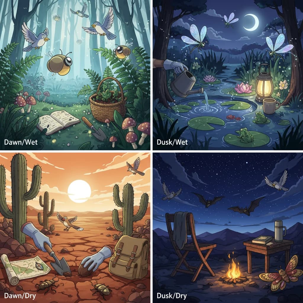 Four panels: temporal edge (dawn/dusk where birds + insects flip), wet/dry